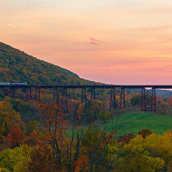 A commuter train crosses the Moodna Viaduct in Cornwall, New York.